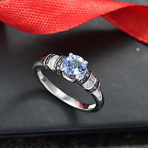 D'Joy Peacock Tanzanite, Blue and White Diamond Ring in Rhodium Over Sterling Silver (Size 10.0) 1.00 ctw