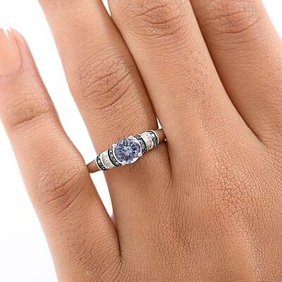 D'Joy Peacock Tanzanite, Blue and White Diamond Ring in Rhodium Over Sterling Silver (Size 10.0) 1.00 ctw