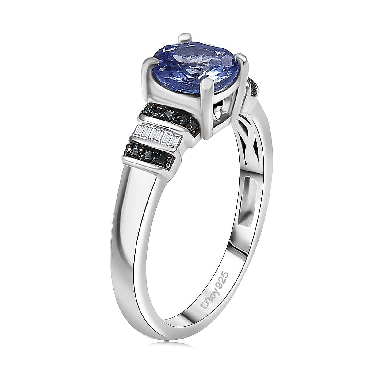 D'Joy Peacock Tanzanite, Blue Diamond (IR) and Diamond Ring in Rhodium Over Sterling Silver (Size 6.0) 1.00 ctw image number 3