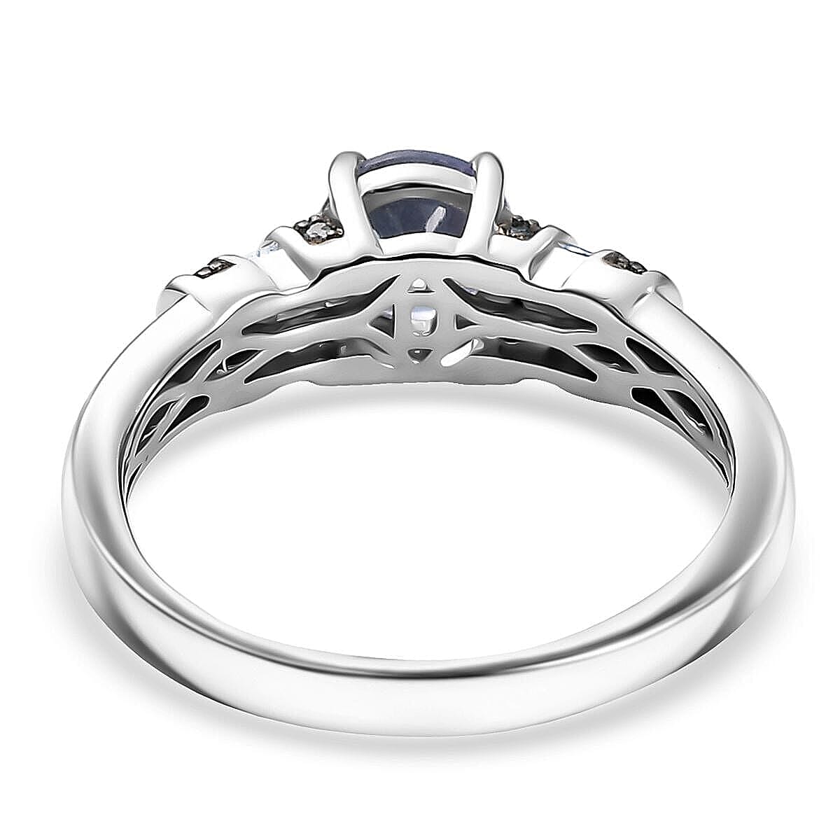 D'Joy Peacock Tanzanite, Blue Diamond (IR) and Diamond Ring in Rhodium Over Sterling Silver (Size 6.0) 1.00 ctw image number 4