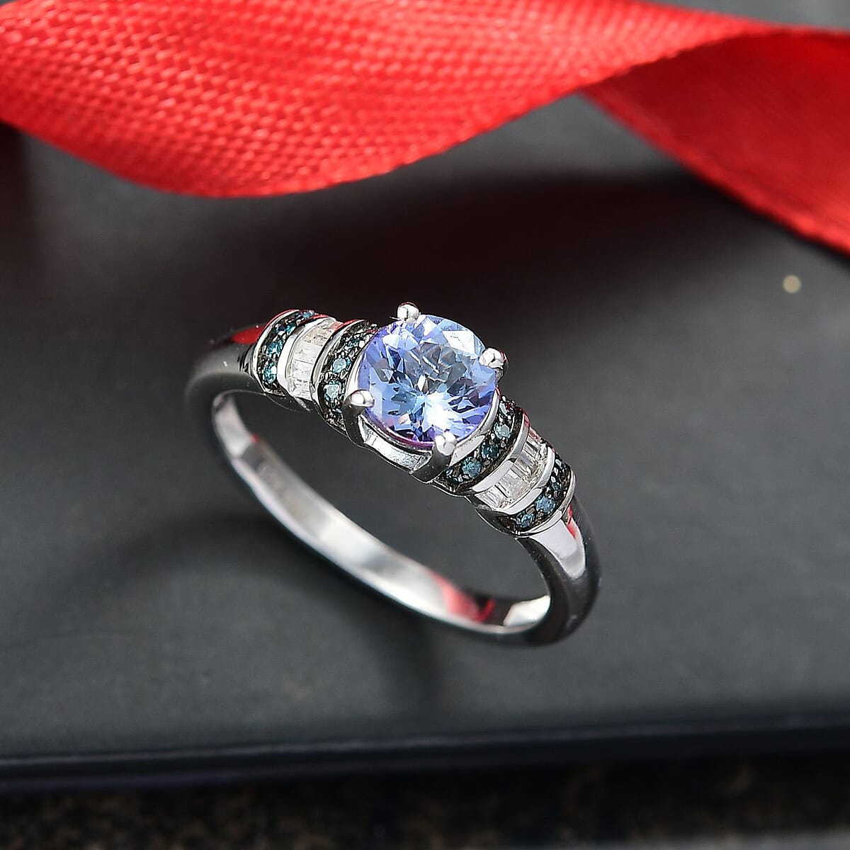 D'Joy Peacock Tanzanite, Blue and White Diamond 1.00 ctw Night Sky with Ocean Ring in Rhodium Over Sterling Silver (Size 7.0) image number 1