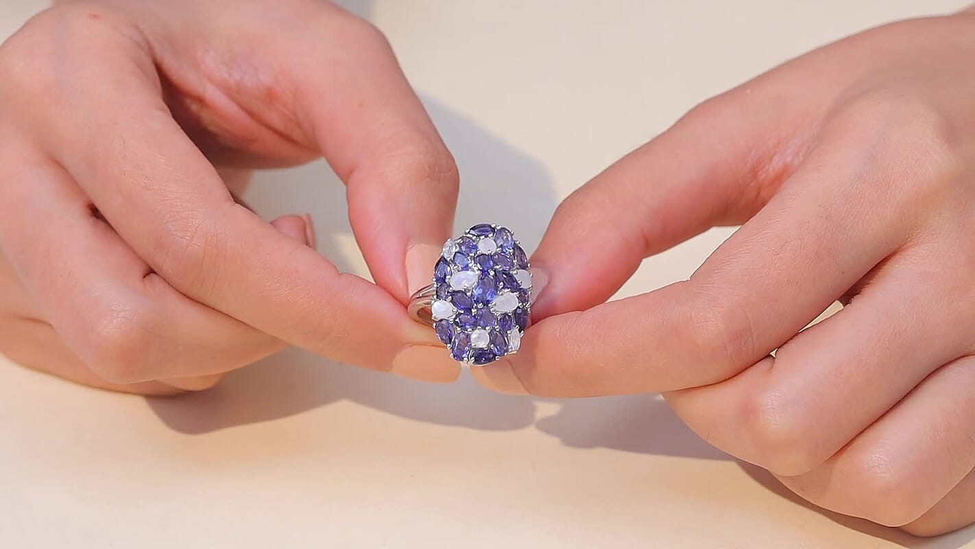 D'Joy Catalina Iolite, Malagasy Moonstone Cluster  Ring in Rhodium Over Sterling Silver (Size 10.0) 4.95 ctw