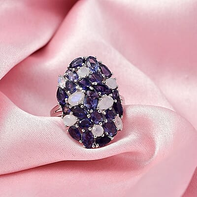 D'Joy Catalina Iolite and Malagasy Moonstone 4.95 ctw Moonlit Majesty Ring in Rhodium Over Sterling Silver (Size 10.0)