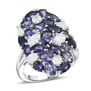 D'Joy Catalina Iolite and Malagasy Moonstone 4.95 ctw Moonlit Majesty Ring in Rhodium Over Sterling Silver (Size 7.0)