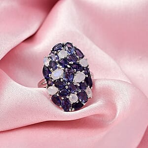 D'Joy Catalina Iolite and Malagasy Moonstone 4.95 ctw Moonlit Majesty Ring in Rhodium Over Sterling Silver (Size 7.0)