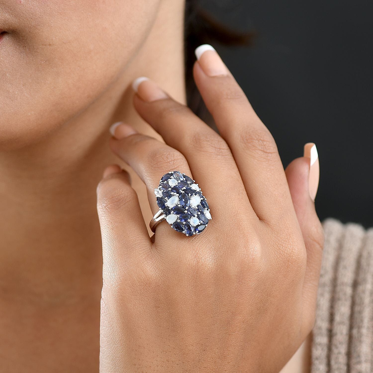 D'Joy Catalina Iolite and Malagasy Moonstone 4.95 ctw Moonlit Majesty Ring in Rhodium Over Sterling Silver (Size 8.0)