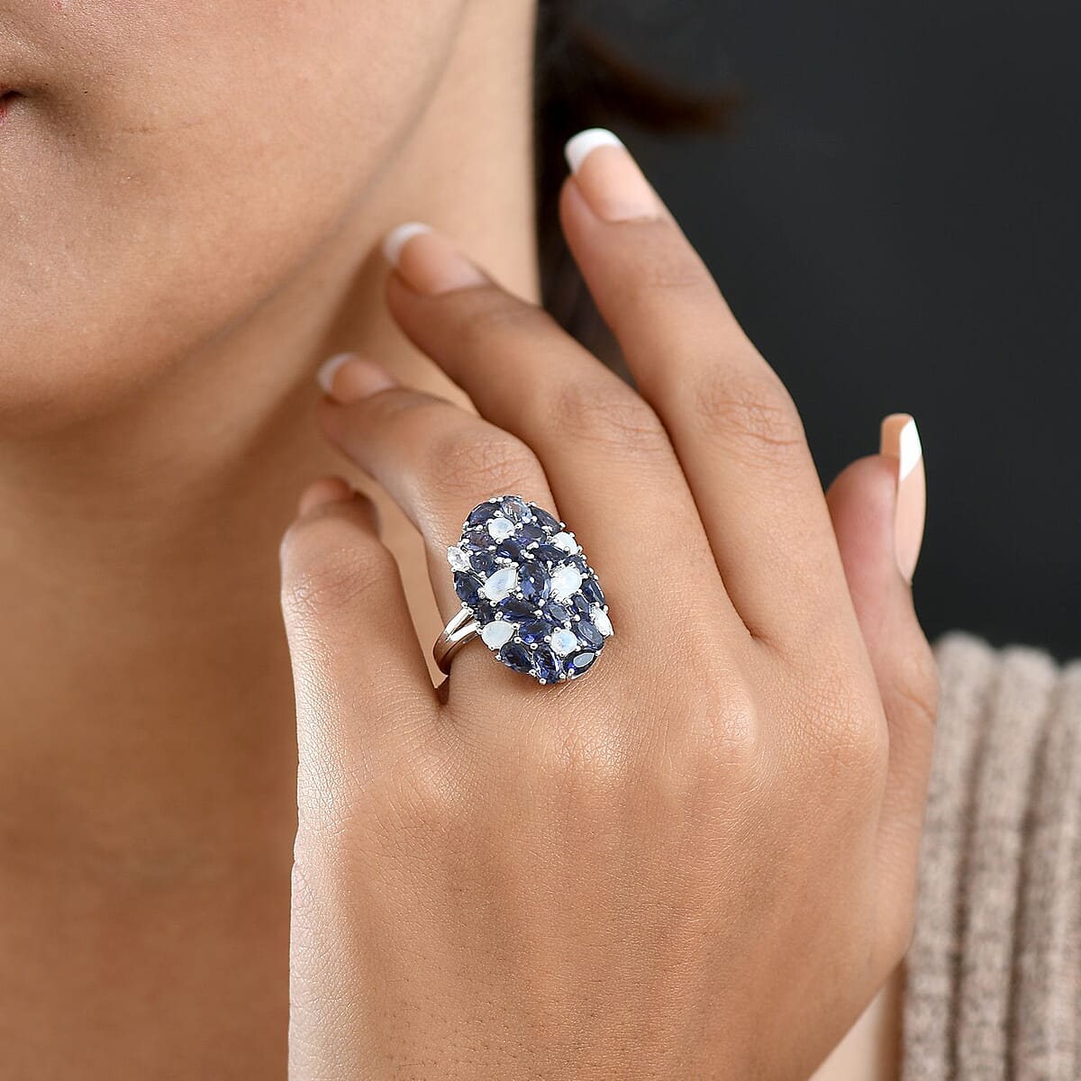 D'Joy Catalina Iolite and Malagasy Moonstone 4.95 ctw Moonlit Majesty Ring in Rhodium Over Sterling Silver (Size 9.0) image number 2