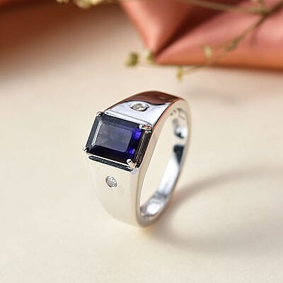 Premium Catalina Iolite and Luxuriant Lab Grown Diamond G-H SI 2.00 ctw Men's Ring in Rhodium Over Sterling Silver (Size 10.0)