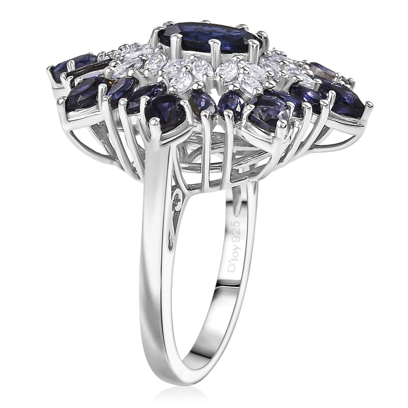 D'Joy Premium Catalina Iolite and Moissanite 3.85 ctw Regalia Star Ring in Rhodium Over Sterling Silver (Size 7.0)