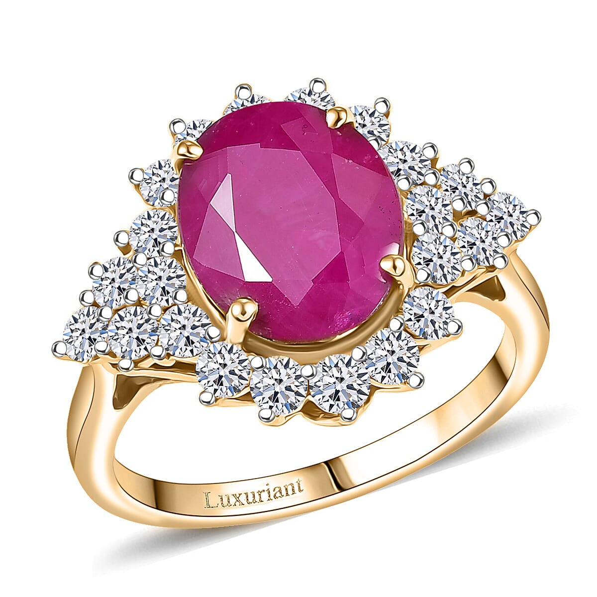 Certified & Appraised AAA Montepuez Ruby and Luxuriant Lab Grown Diamond G-H SI 6.40 ctw Sunburst Ring in 10K Yellow Gold (Size 10.0)