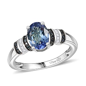 D'Joy Peacock Tanzanite, Blue and White Diamond Ring in Rhodium Over Sterling Silver (Size 10.0) 1.15 ctw