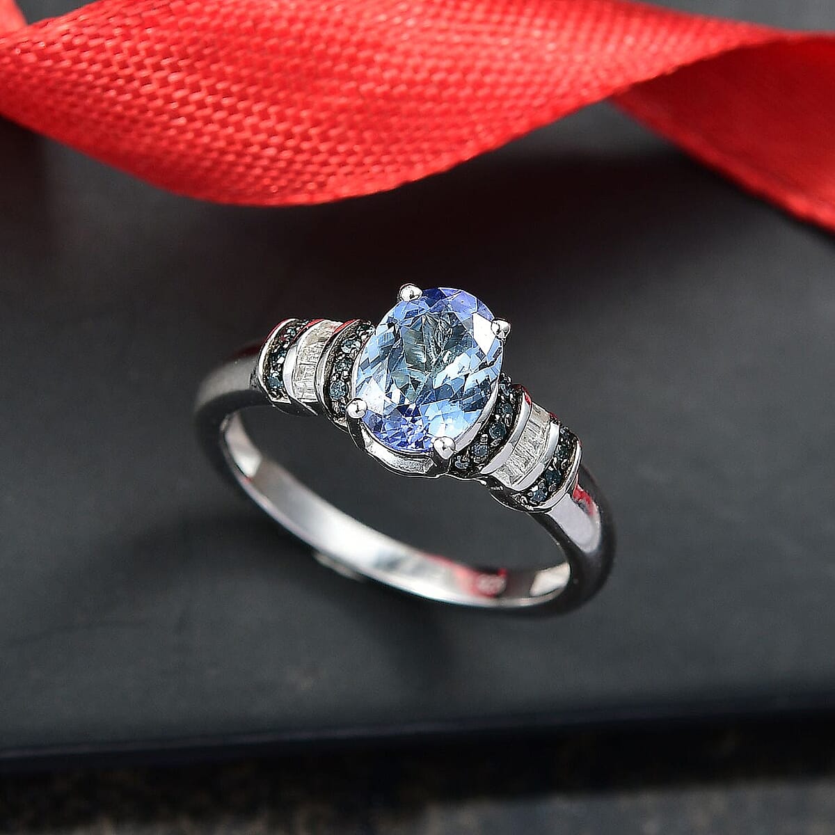 D'Joy Peacock Tanzanite, Blue and White Diamond Ring in Rhodium Over Sterling Silver (Size 10.0) 1.15 ctw image number 1