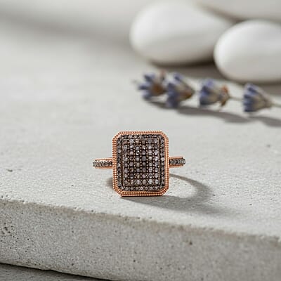 D'Joy Natural Champagne Diamond 1.00 ctw Radiant Halo Ring in 18K Vermeil Rose Gold Over Sterling Silver (Size 7.0)