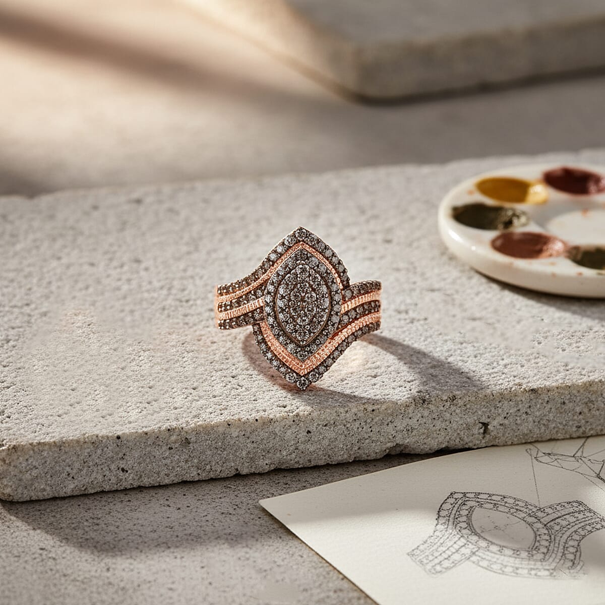 Doorbuster D'Joy Natural Champagne Diamond 1.00 ctw Ocean Waves Ring in 18K Vermeil Rose Gold Over Sterling Silver (Size 8.0) image number 2