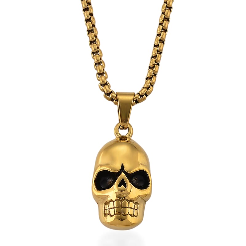 Simulated Diamond Bold Skull Pendant Necklace in ION Plated YG Stainless Steel 0.30 ctw (20-22 Inches)