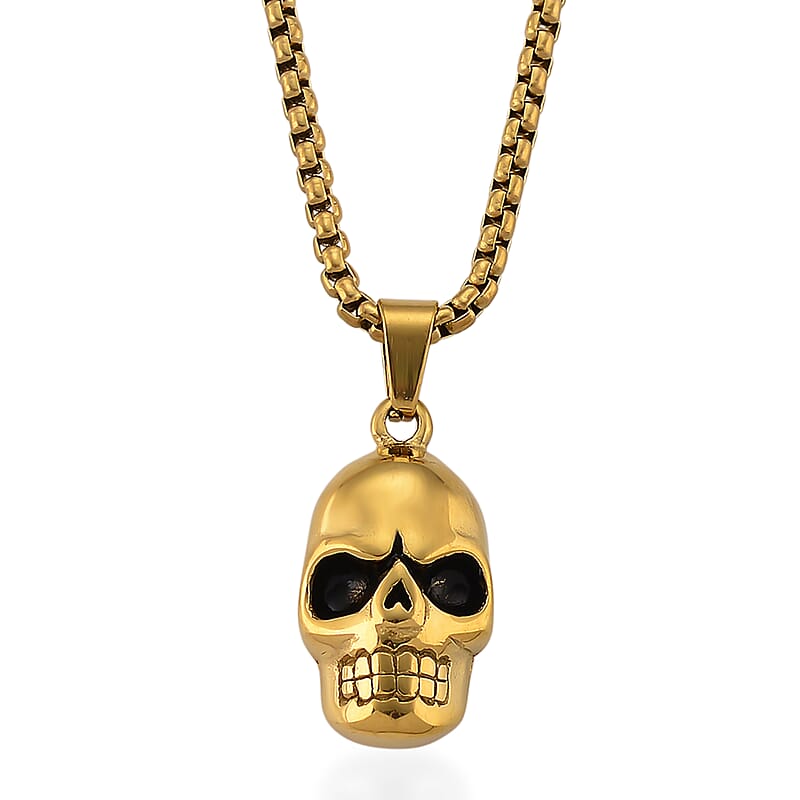 Simulated Diamond Bold Skull Pendant Necklace in ION Plated YG Stainless Steel 0.30 ctw (20-22 Inches)