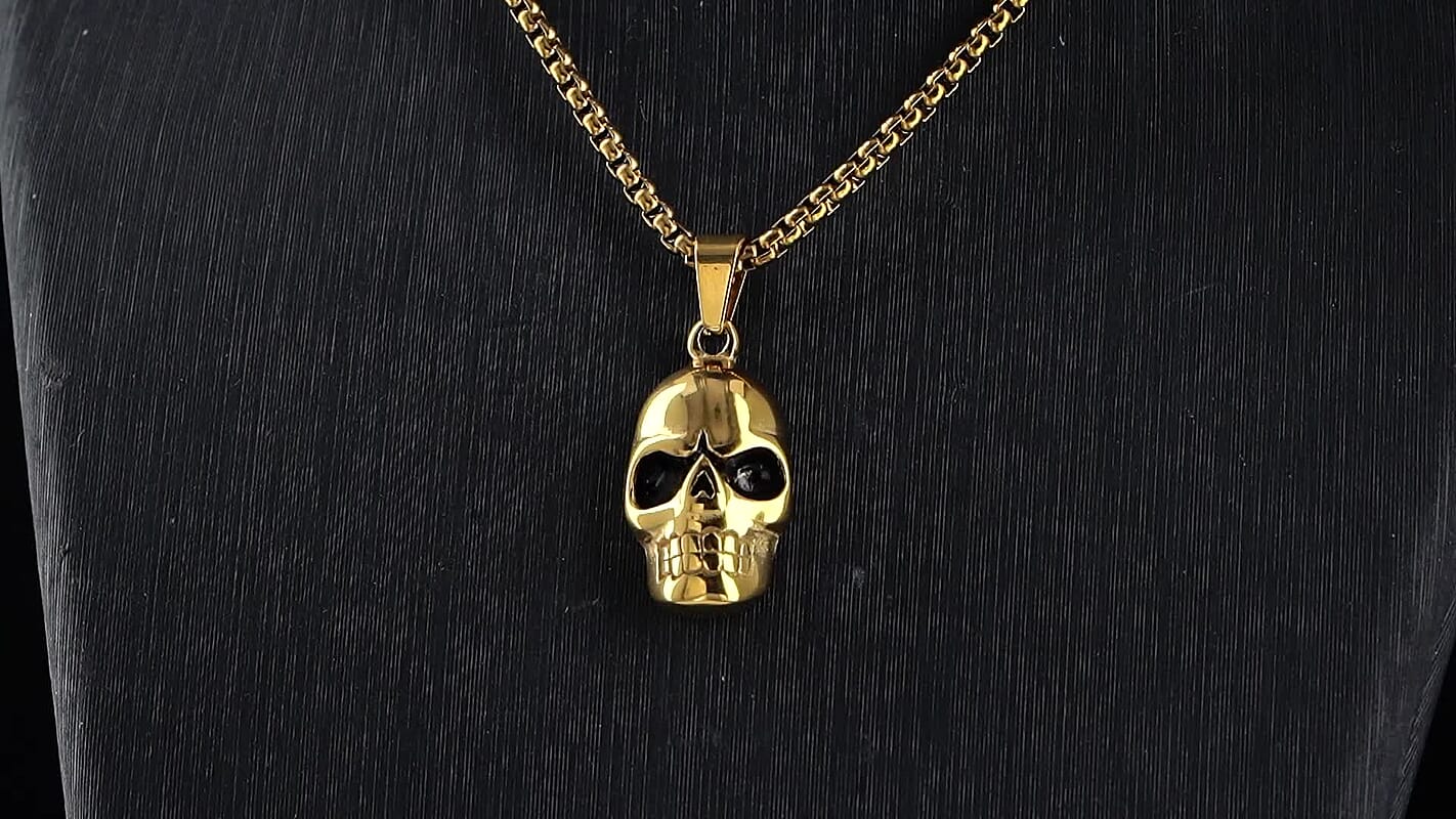 Simulated Diamond Bold Skull Pendant Necklace in ION Plated YG Stainless Steel 0.30 ctw (20-22 Inches)
