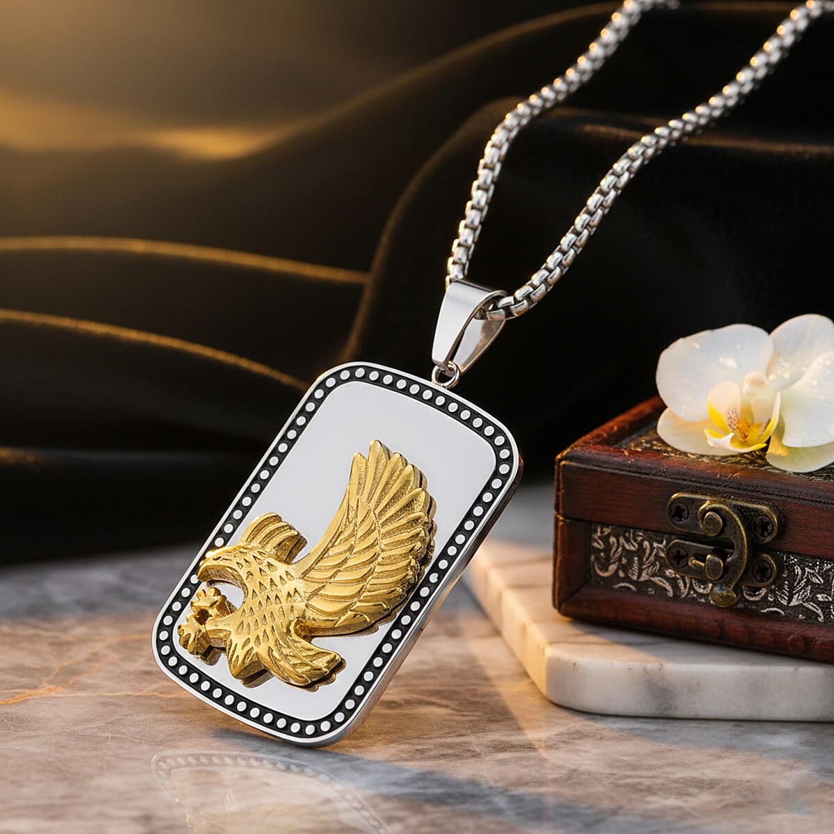 Eagle Pendant Necklace in ION Plated YG, Black Oxidized and Stainless Steel 20-22 Inches image number 1