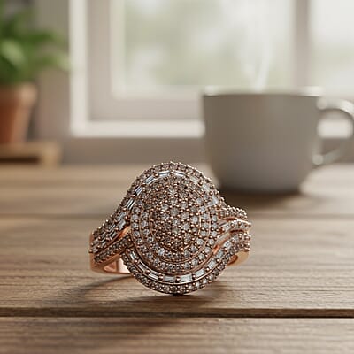 D'Joy Natural Champagne Diamond Cocktail Ring in 18K Vermeil RG Over Sterling Silver 1.00 ctw (Size 10.0)