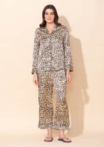 Tamsy Beige Leopard 100% Polyester Nightwear Set - L