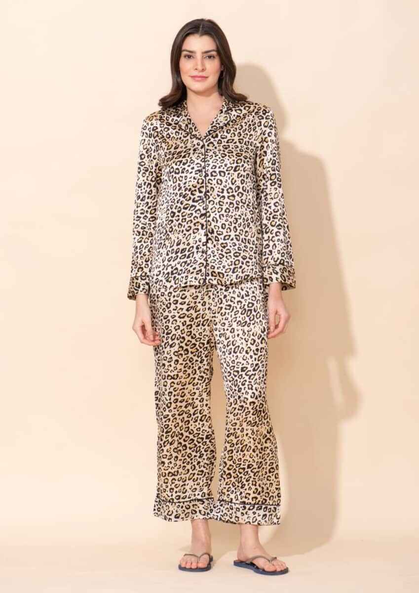 Tamsy Beige Leopard 100% Polyester Nightwear Set - 1X image number 0