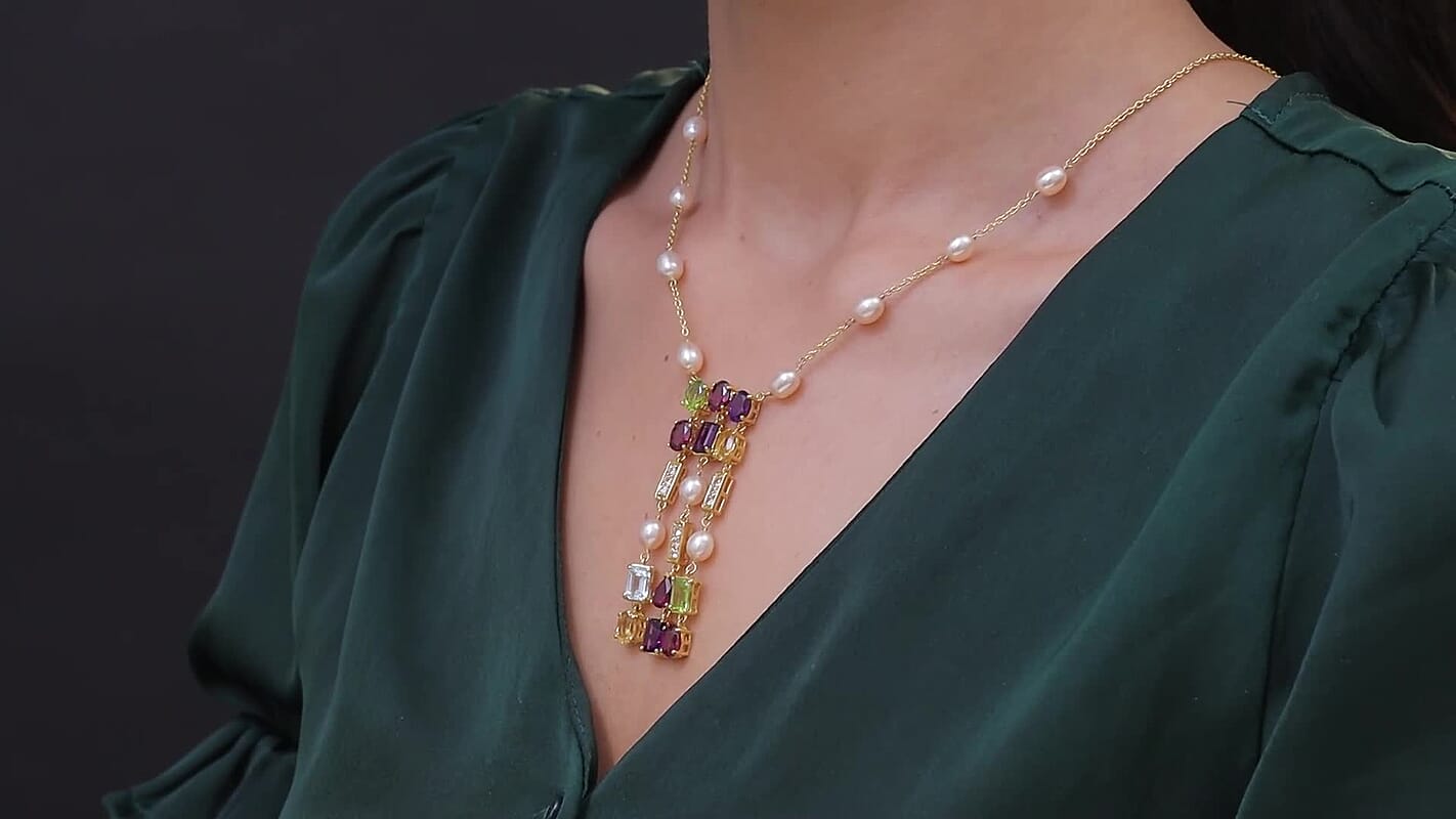 GP Royal Art Deco Collection Multi Gemstone Necklace in 18K Vermeil YG Over Sterling Silver 11.70 ctw (18-20 Inches)