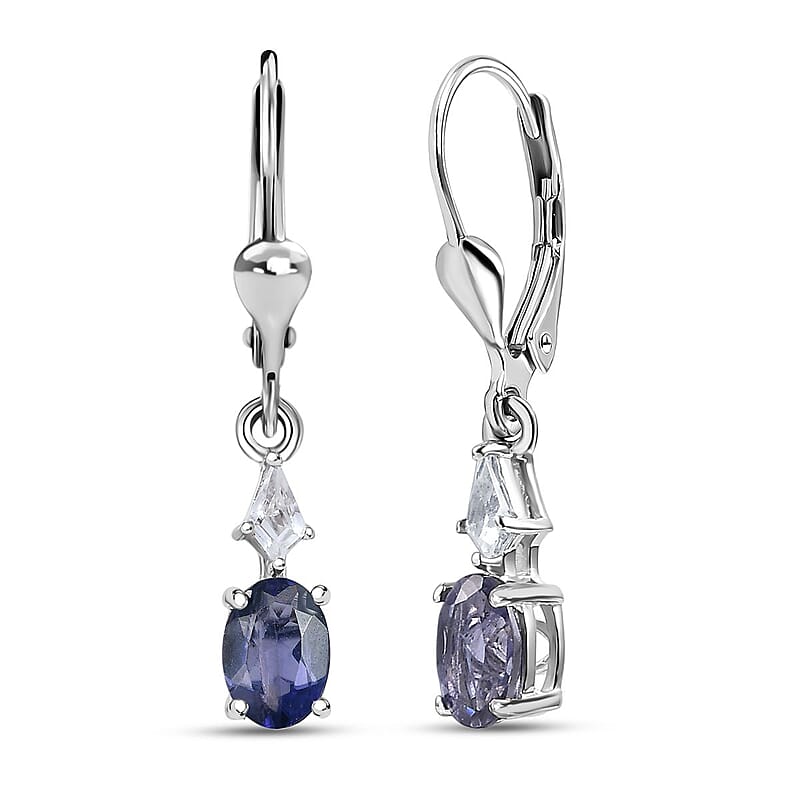 D'Joy Premium Catalina Iolite and White Zircon 1.70 ctw Crown Legacy Earrings in Rhodium Over Sterling Silver