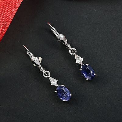 D'Joy Premium Catalina Iolite and White Zircon 1.70 ctw Crown Legacy Earrings in Rhodium Over Sterling Silver