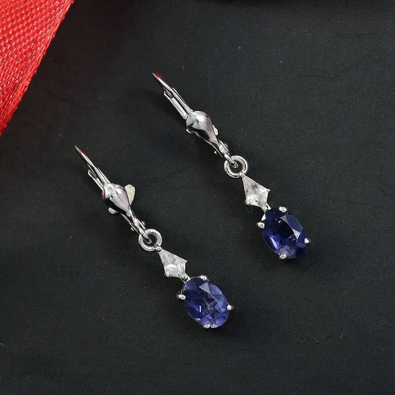 D'Joy Premium Catalina Iolite and White Zircon 1.70 ctw Crown Legacy Earrings in Rhodium Over Sterling Silver