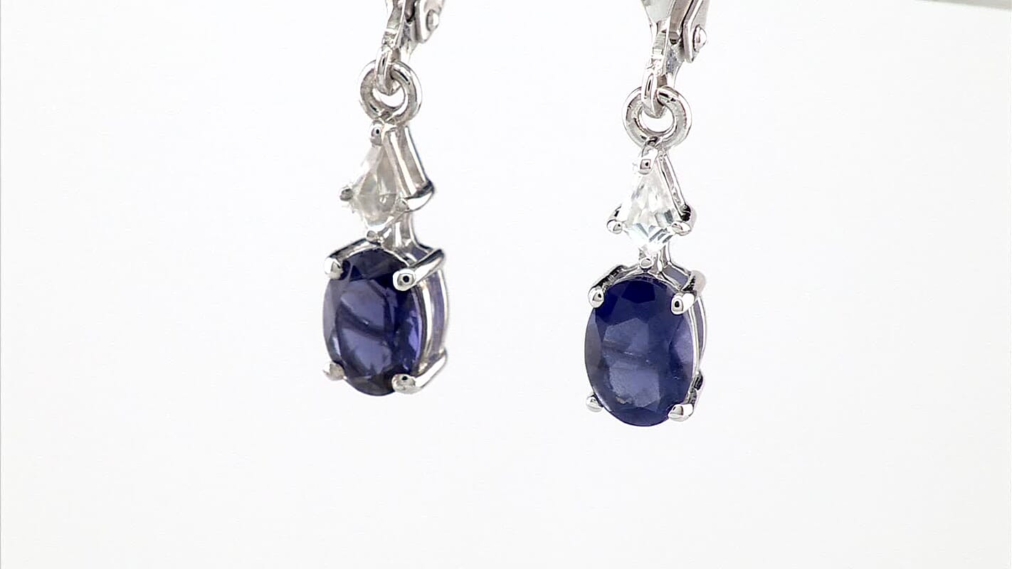 D'Joy Premium Catalina Iolite and White Zircon 1.70 ctw Crown Legacy Earrings in Rhodium Over Sterling Silver