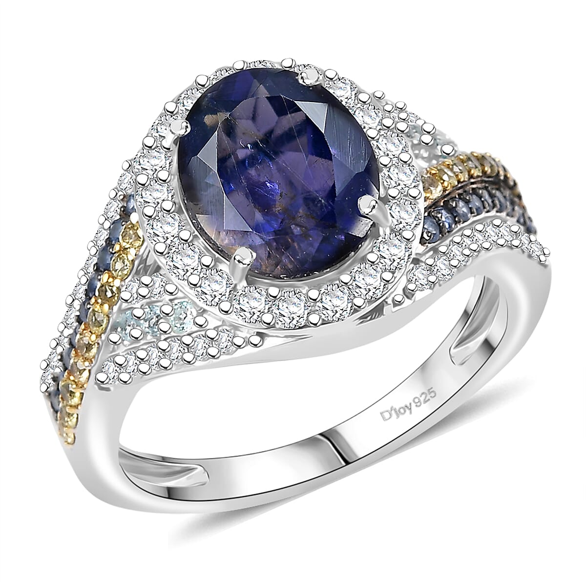 D'Joy Premium Catalina Iolite and Multi Gemstones 3.60 ctw Crown Regalia Ring in Rhodium Over Sterling Silver (Size 10.0) image number 0