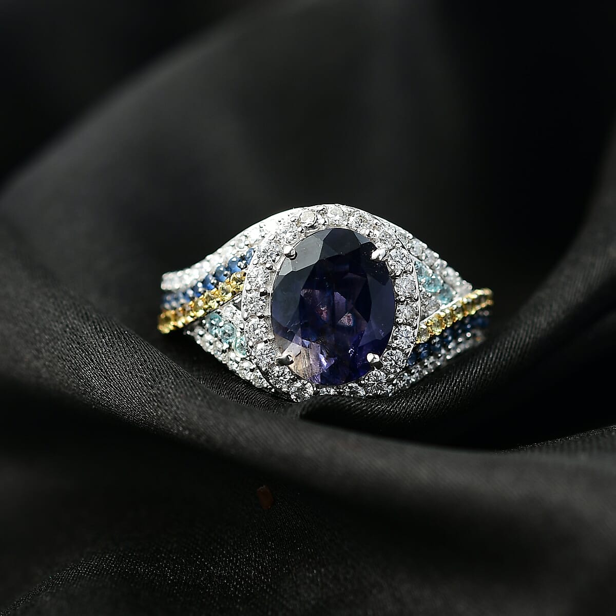 D'Joy Premium Catalina Iolite and Multi Gemstones 3.60 ctw Crown Regalia Ring in Rhodium Over Sterling Silver (Size 10.0) image number 1