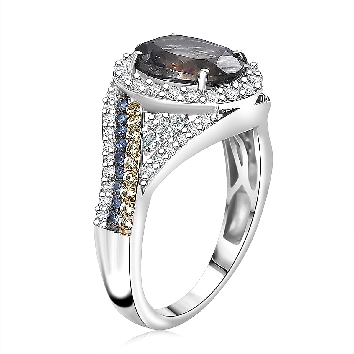 D'Joy Catalina Iolite, Multi Gemstone Regalia Ring in Rhodium Over Sterling Silver 3.60 ctw (Size 10.0)