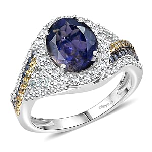 D'Joy Premium Catalina Iolite and Multi Gemstones 3.60 ctw Crown Regalia Ring in Rhodium Over Sterling Silver (Size 7.0)