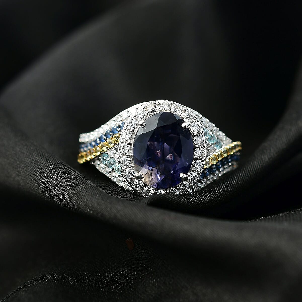 D'Joy Premium Catalina Iolite and Multi Gemstones 3.60 ctw Crown Regalia Ring in Rhodium Over Sterling Silver (Size 7.0) image number 1