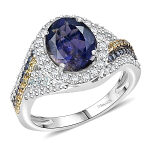 D'Joy Premium Catalina Iolite and Multi Gemstones 3.60 ctw Crown Regalia Ring in Rhodium Over Sterling Silver (Size 8.0)