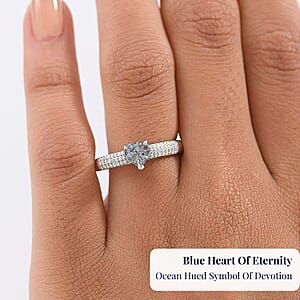 D'Joy Peacock Tanzanite, Moissanite Heart Ring in Rhodium Over Sterling Silver (Size 10.0) 1.00 ctw