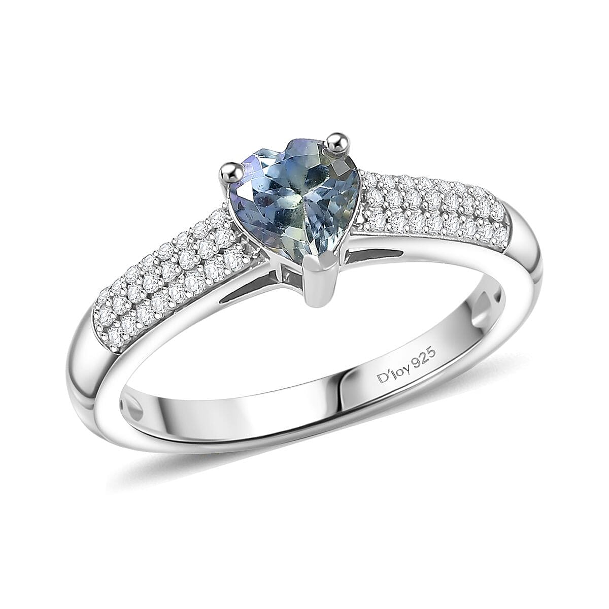 D'Joy Peacock Tanzanite and Moissanite 1.00 ctw Blue Heart of Eternity Ring in Rhodium Over Sterling Silver (Size 7.0) image number 0