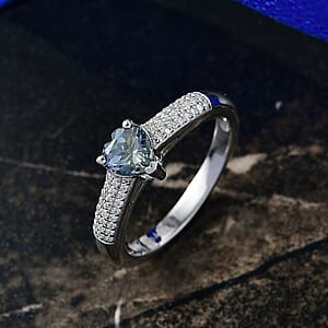 D'Joy Peacock Tanzanite and Moissanite 1.00 ctw Blue Heart of Eternity Ring in Rhodium Over Sterling Silver (Size 7.0)