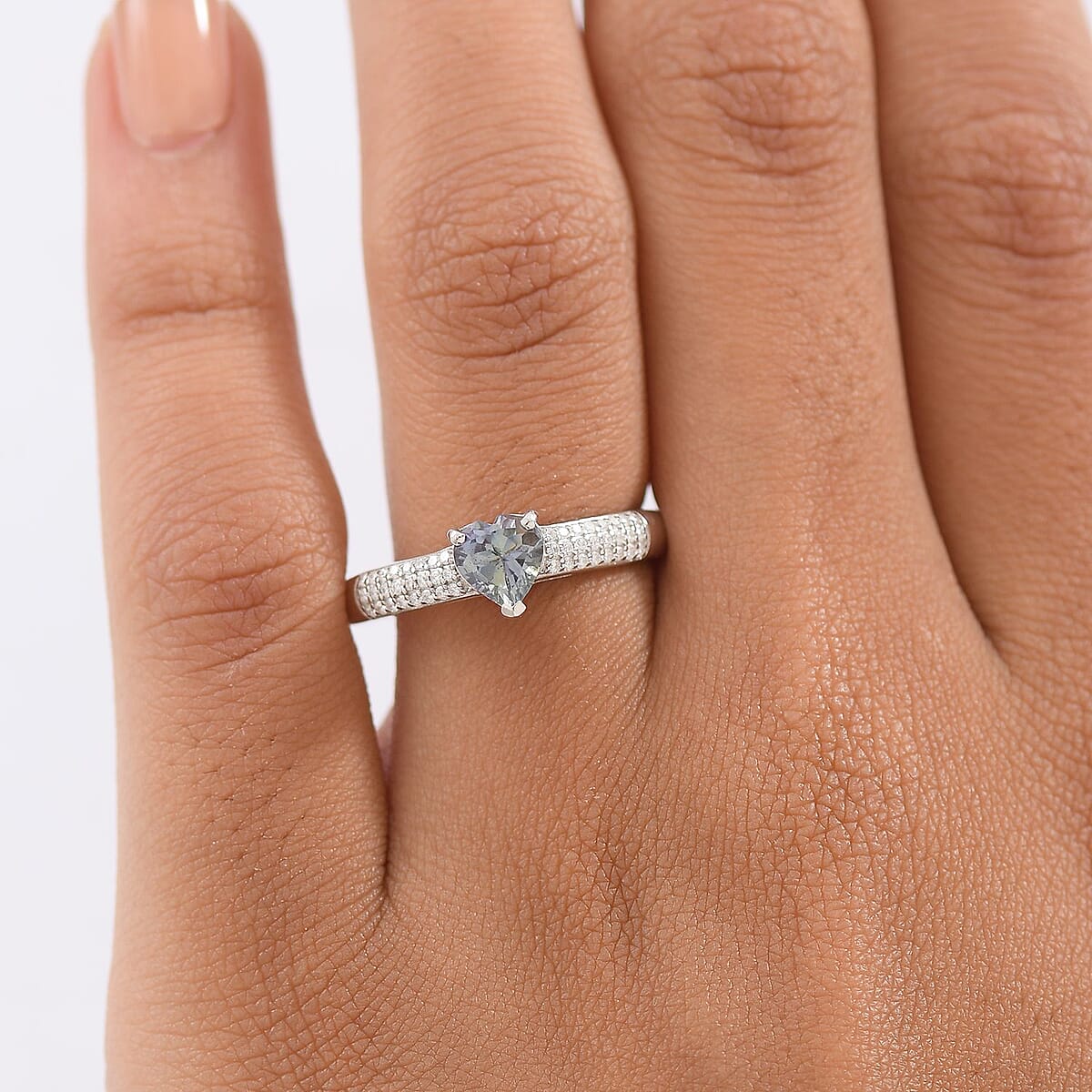 D'Joy Peacock Tanzanite and Moissanite 1.00 ctw Blue Heart of Eternity Ring in Rhodium Over Sterling Silver (Size 7.0) image number 2