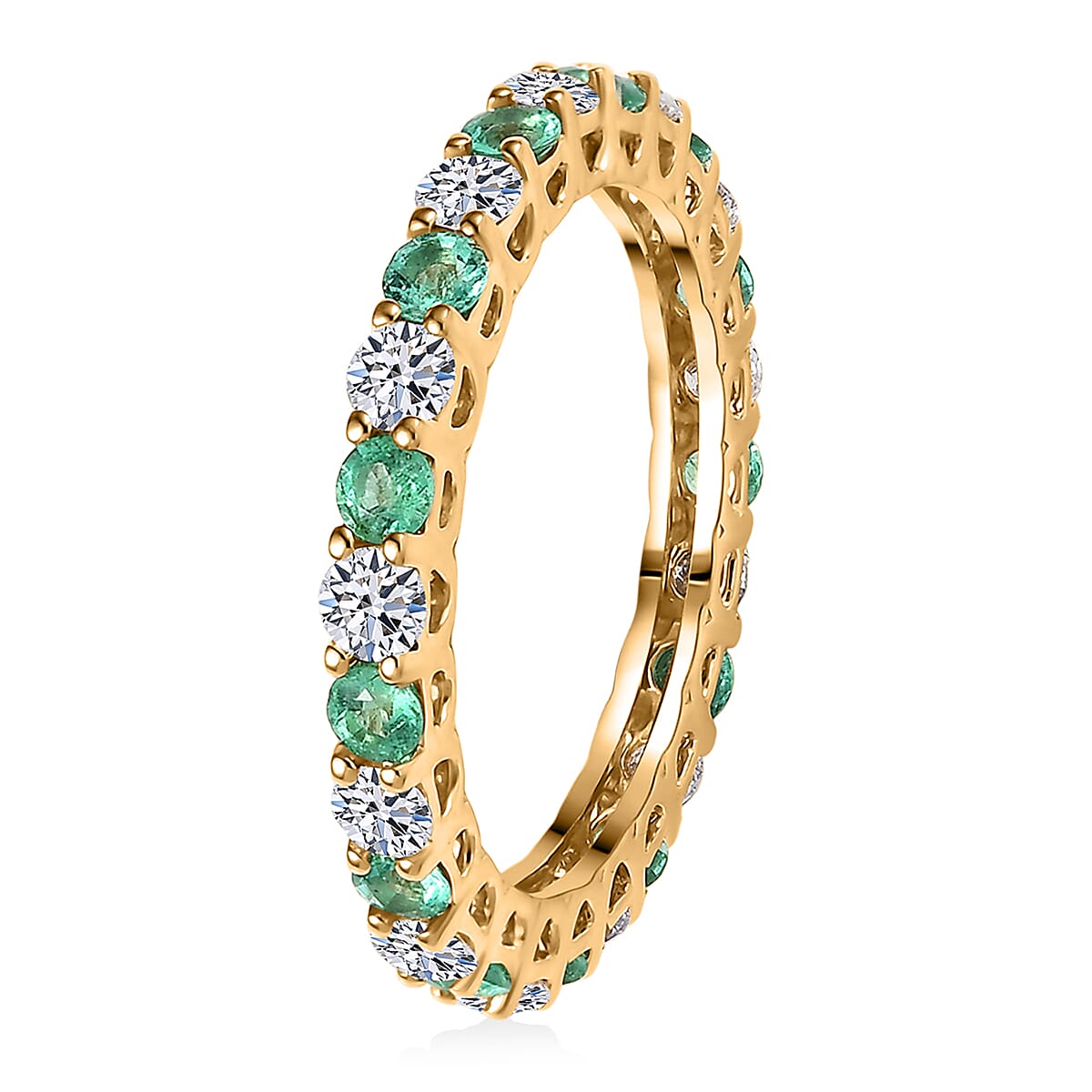 Certified & Appraised AAA Boyaca Colombian Emerald and Luxuriant Diamond G-H SI 1.55 ctw Eternity Band Ring in 10K Yellow Gold (Size 10.0)
