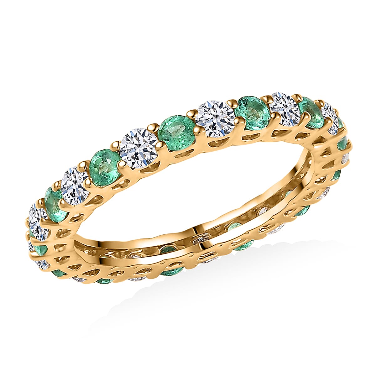  Certified & Appraised AAA Boyaca Colombian Emerald and Luxuriant Diamond G-H SI 1.55 ctw Eternity Band Ring in 10K Yellow Gold (Size 9.0) image number 0