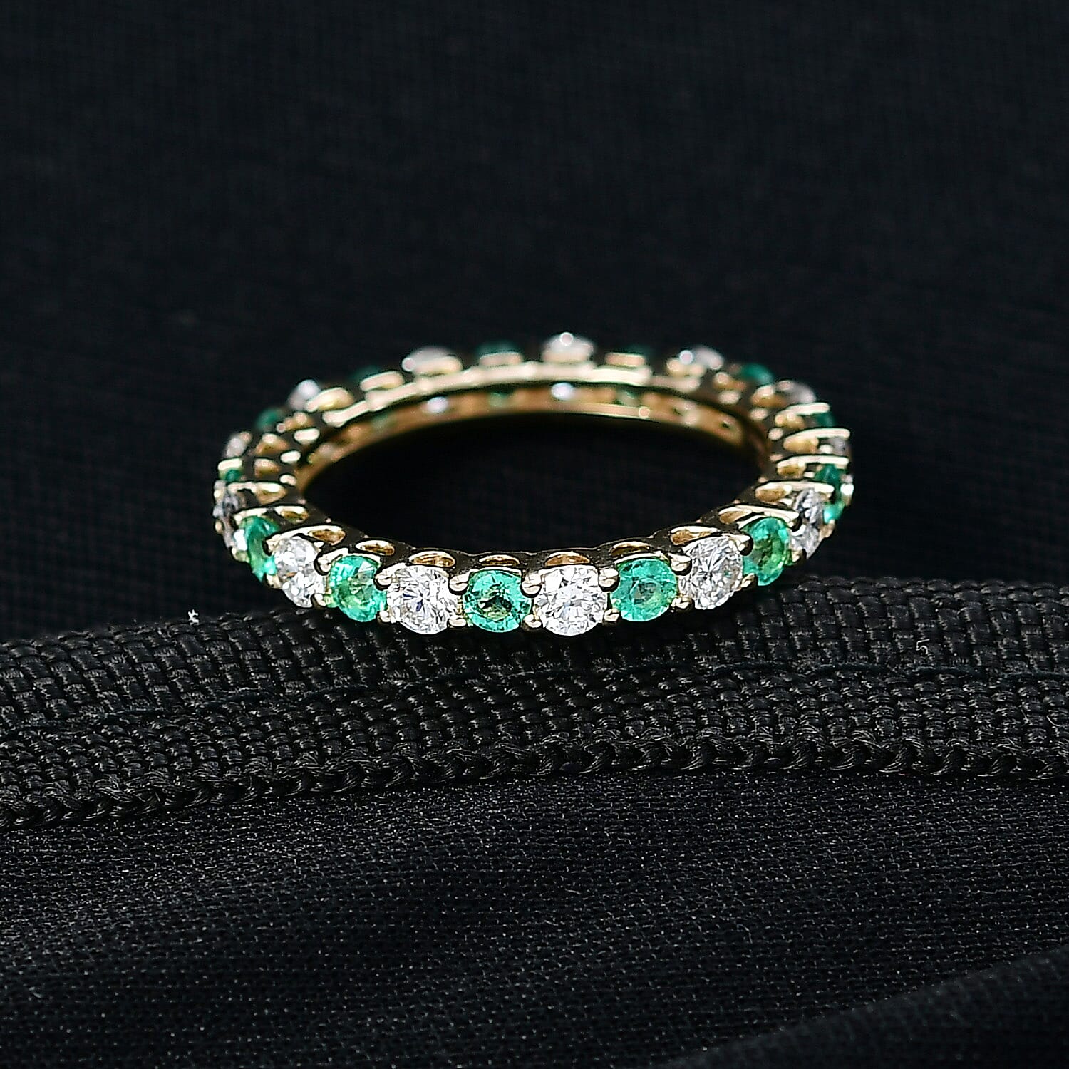 Certified & Appraised AAA Boyaca Colombian Emerald and Luxuriant Diamond G-H SI 1.55 ctw Eternity Band Ring in 10K Yellow Gold (Size 9.0)