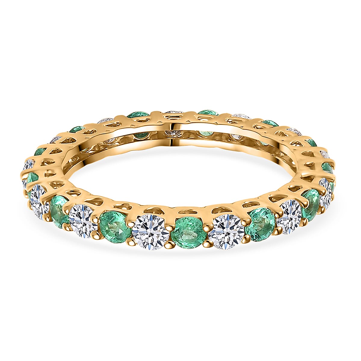 Certified & Appraised AAA Boyaca Colombian Emerald and Luxuriant Diamond G-H SI 1.55 ctw Eternity Band Ring in 10K Yellow Gold (Size 9.0)