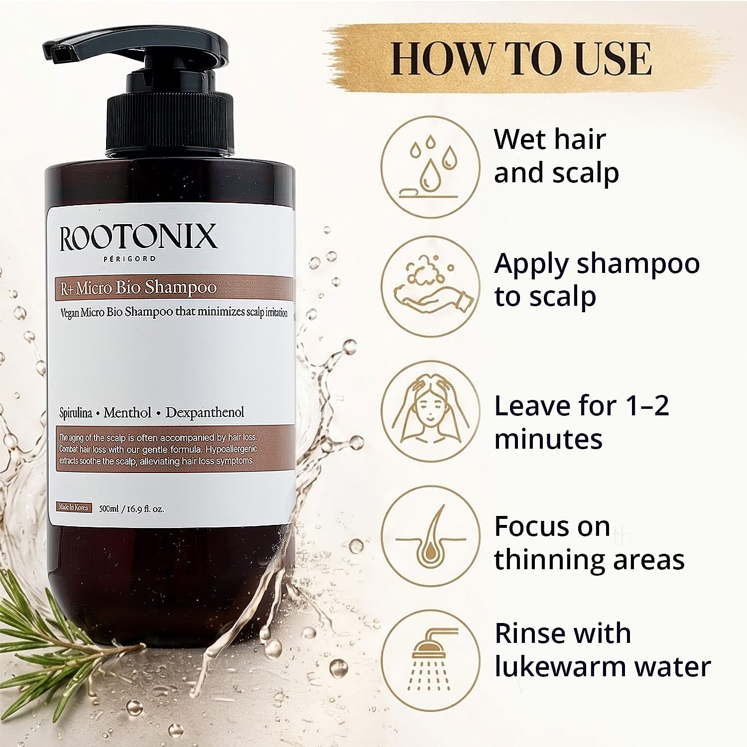Rootonix R Plus Micro Bio Shampoo for Minimizing Scalp Irritation (16.9oz) Made in Korea
