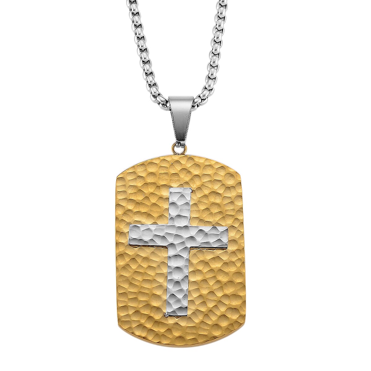 Hammered Cross Pendant Necklace in ION Plated YG and Stainless Steel 20-22 Inches image number 0