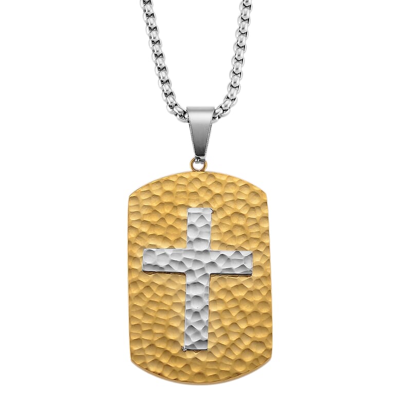 Hammered Cross Pendant Necklace in ION Plated YG and Stainless Steel (20-22 Inches)