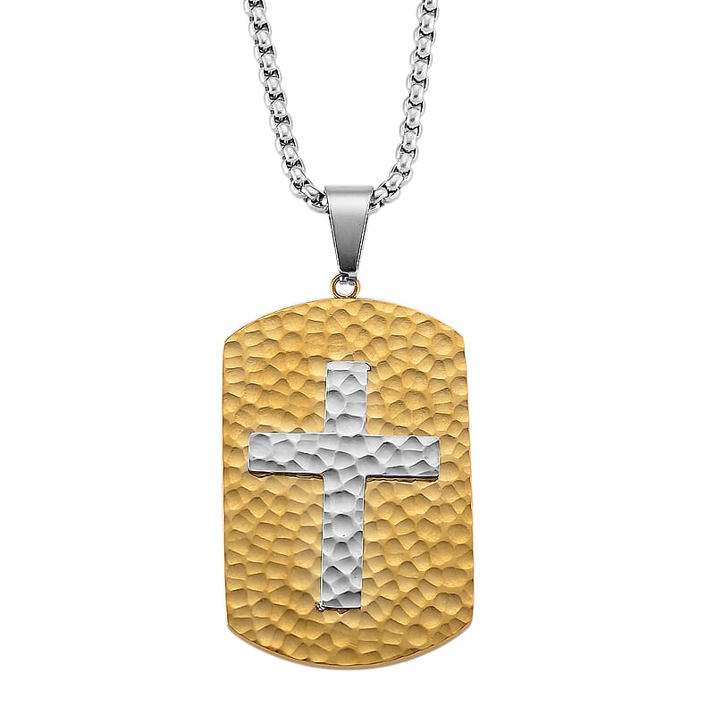 Hammered Cross Pendant Necklace in ION Plated YG and Stainless Steel (20-22 Inches)