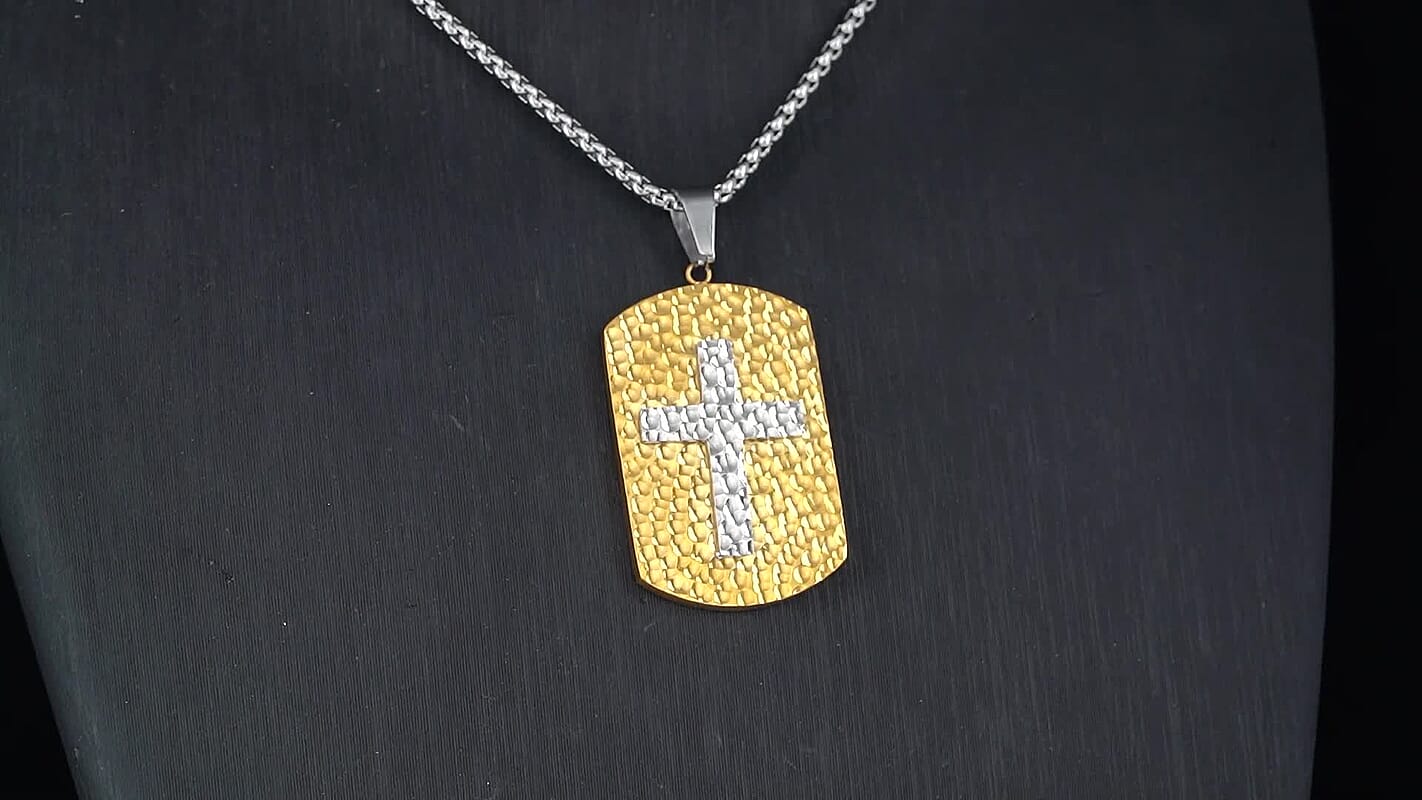 Hammered Cross Pendant Necklace in ION Plated YG and Stainless Steel (20-22 Inches)