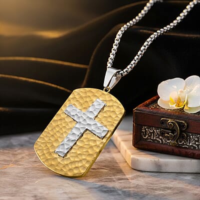 Hammered Cross Pendant Necklace in ION Plated YG and Stainless Steel (20-22 Inches)